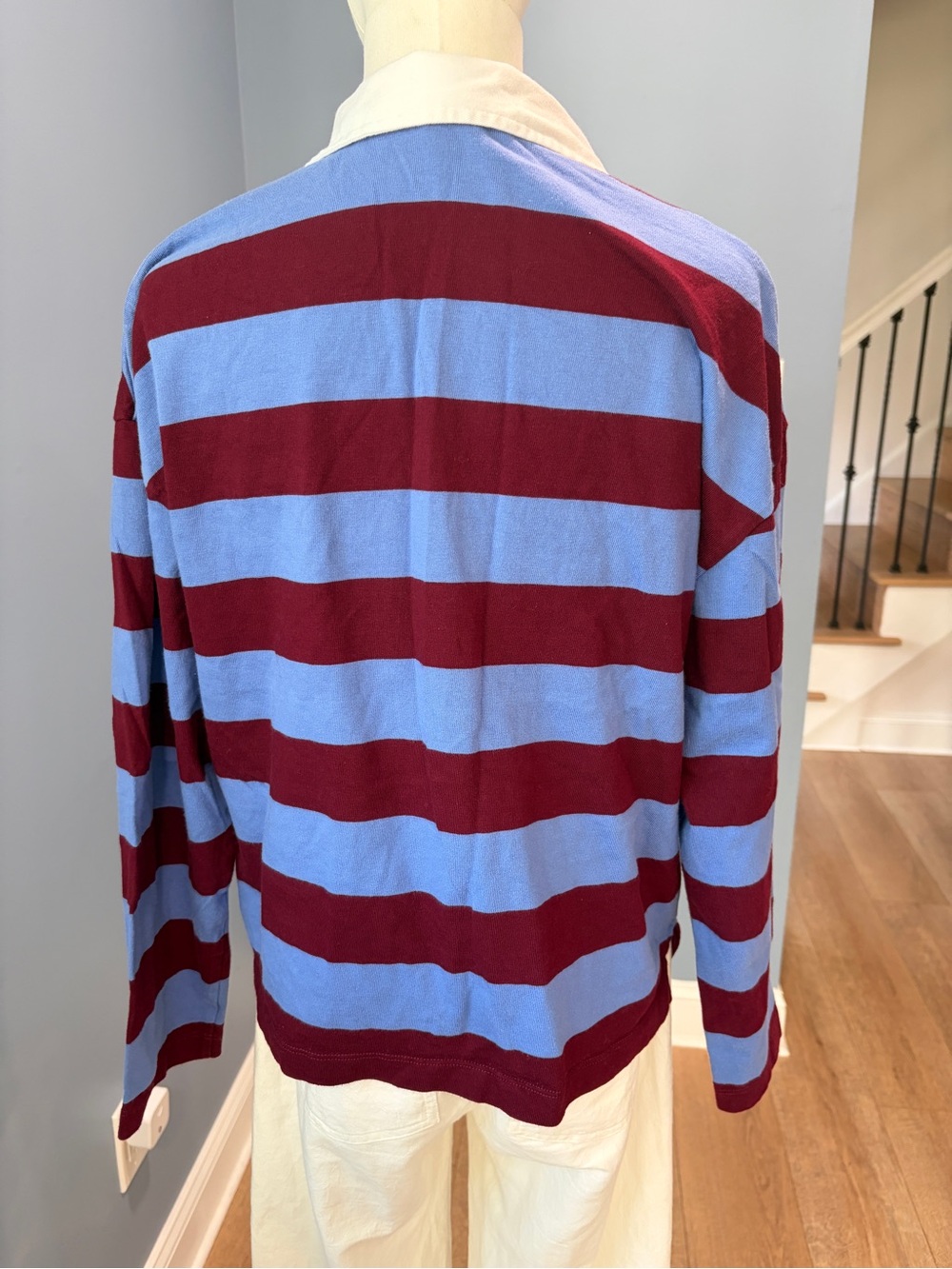 J.Crew Striped Rugby Shirt Burgundy Blue Cotton Collared Top Medium - Picture 6 of 8